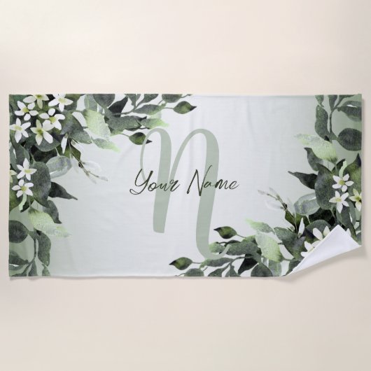 Monogram Naam Greenery Floral Eucalyptus Leaves Strandlaken (Voorkant)