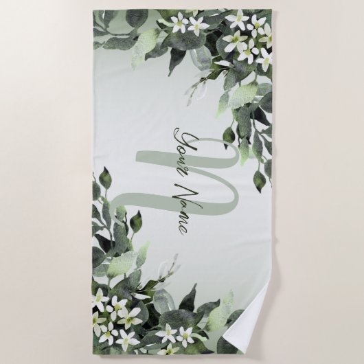 Monogram Naam Greenery Floral Eucalyptus Leaves Strandlaken (Voorkant)