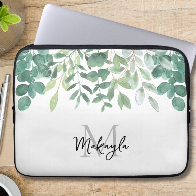 Monogram naam groen blad laptop sleeve (Creator heeft geüpload)