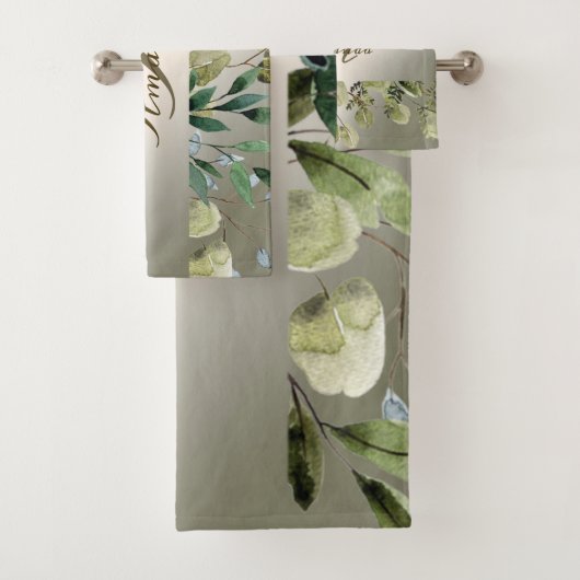 Monogram naam Groene bladeren Golden Bronze Elegan Bad Handdoek (Insitu)