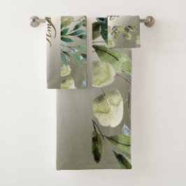 Monogram Naam Groene Bladeren Gouden Brons Elegant Bad Handdoek