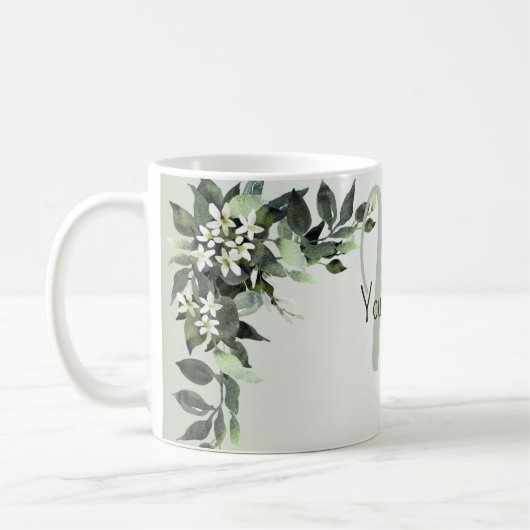 Monogram Naam Groene Bloem Eucalyptus Bladeren Koffiemok (Links)