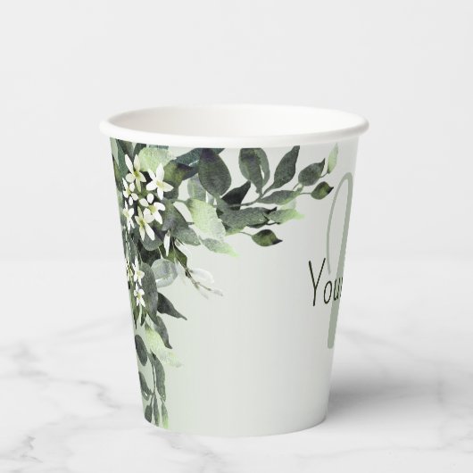Monogram Naam Groene Bloem Eucalyptus Bladeren Papieren Bekers (Voorkant)