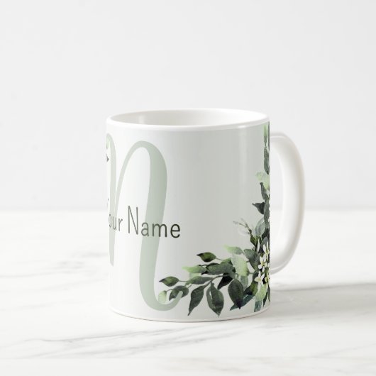 Monogram Naam Groene Bloemige Eucalyptus Bladeren Koffiemok (Voorkant rechts)