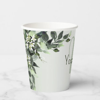 Monogram naam groene bloemmotief eucalyptusbladere papieren bekers