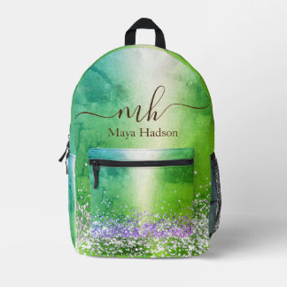 Monogram Naam Groene Metallic Glitter Bedrukte Rugzak