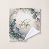 Monogram Naam Groene Paarse Bladeren Rustic Elegan Bad Handdoek (Wasdoekje)