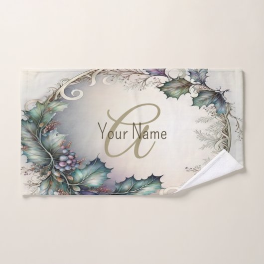 Monogram Naam Groene Paarse Bladeren Rustic Elegan Bad Handdoek (Handdoek)