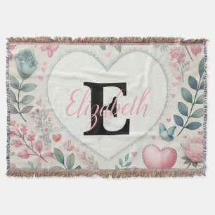Monogram naam  harten florale waterverf deken