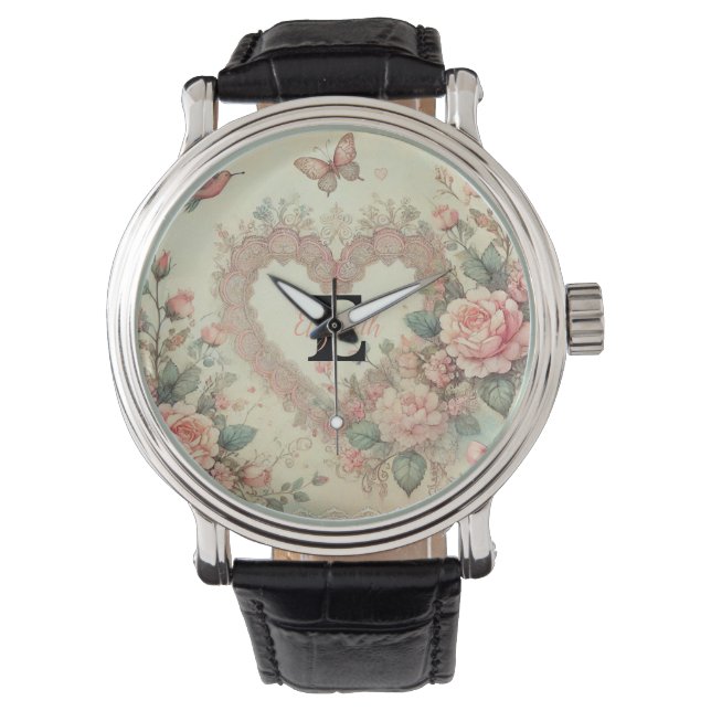 Monogram naam  harten florale waterverf horloge (Voorkant)