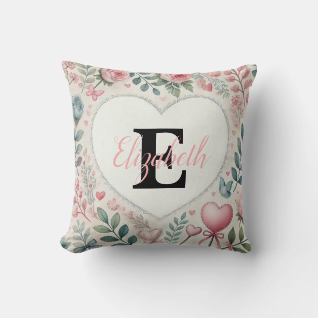 Monogram naam  harten florale waterverf kussen (Voorkant)