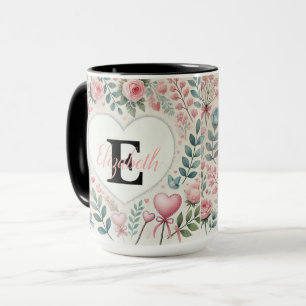 Monogram naam  harten florale waterverf mok