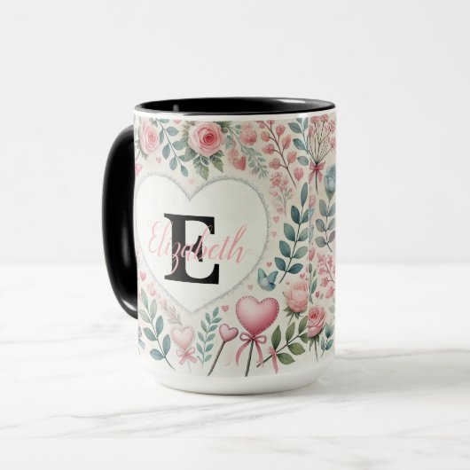 Monogram naam  harten florale waterverf mok (Voorkant links)