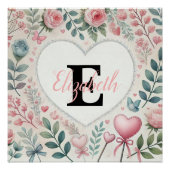 Monogram naam  harten florale waterverf perfect poster (Voorkant)