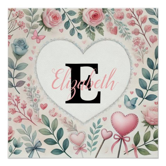 Monogram naam  harten florale waterverf perfect poster (Voorkant)
