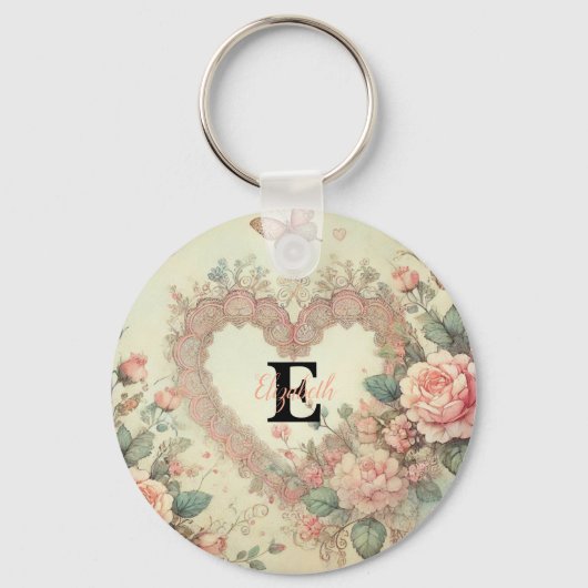 Monogram naam harten florale waterverf sleutelhanger (Voorkant)