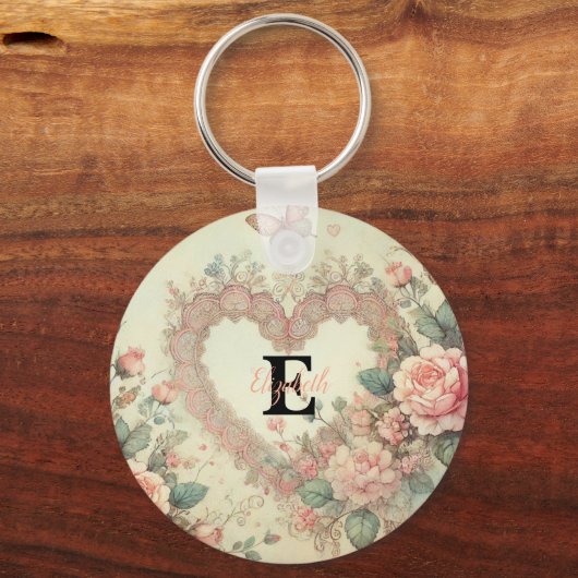 Monogram naam  harten florale waterverf sleutelhanger (Achterkant)