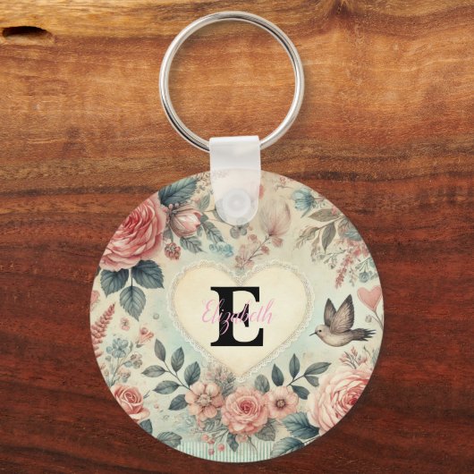 Monogram naam harten florale waterverf sleutelhanger (Voorkant)
