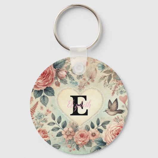 Monogram naam  harten florale waterverf sleutelhanger (Achterkant)