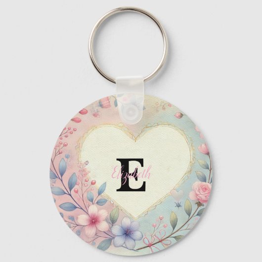 Monogram naam  harten florale waterverf sleutelhanger (Voorkant)