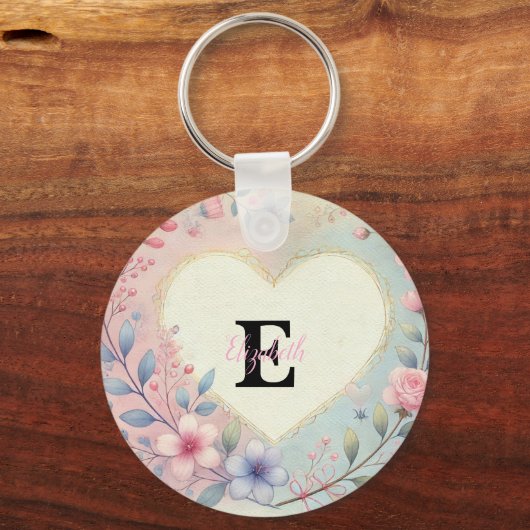 Monogram naam  harten florale waterverf sleutelhanger (Voorkant)
