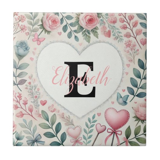 Monogram naam harten florale waterverf tegeltje (Voorkant)