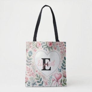 Monogram naam  harten florale waterverf tote bag