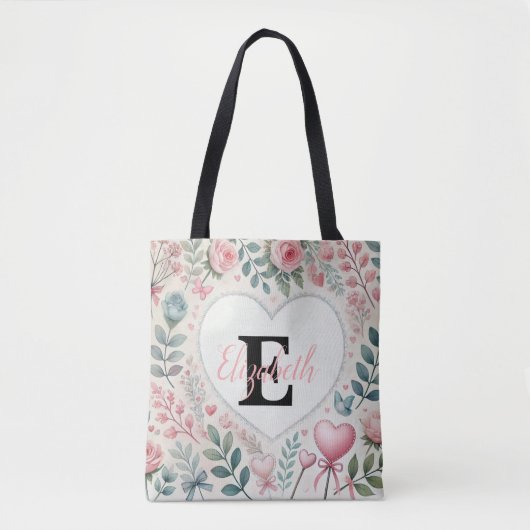 Monogram naam  harten florale waterverf tote bag (Voorkant)