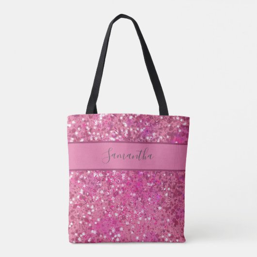 Monogram Naam Heet Roze Glitter Glamour Meisjesach Tote Bag (Achterkant)