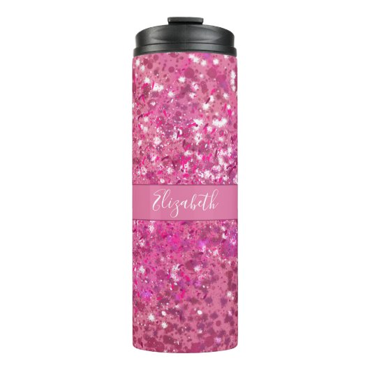 Monogram Naam Heet Roze Glitter Glans Thermosbeker (Voorkant)