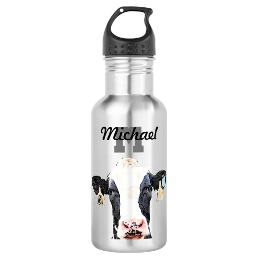 Monogram Naam Holstein Koe Zuivelig Boerderij Vee Waterfles (Voorkant)