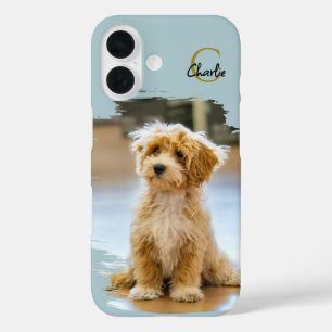 Monogram Naam Honden Foto Pastelblauw Minimalistis iPhone 16 Hoesje