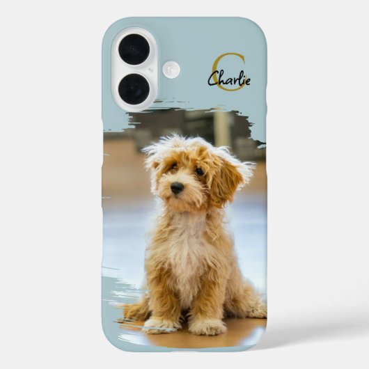 Monogram Naam Honden Foto Pastelblauw Minimalistis Case-Mate iPhone Case (Achterkant)