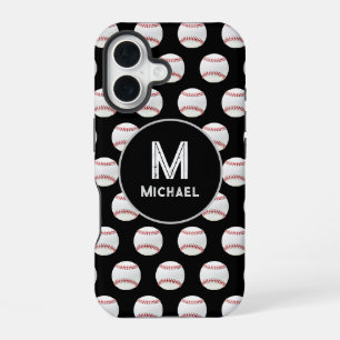 Monogram naam honkbal naadloos patroon Zwart iPhone 16 Hoesje