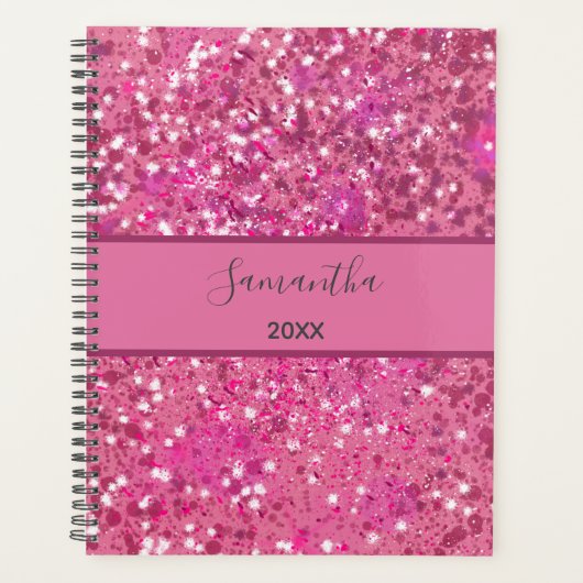 Monogram naam Hot Pink Glitter Sparkle Girly Glam Planner (Voorkant)
