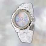 Monogram Naam in Blauw op Moeder van Parel | Horloge<br><div class="desc">Een prachtig Rhinestone White Emaille horloge voor vrouwen met monogram naam in blauw op moeder-van-parel achtergrond.</div>