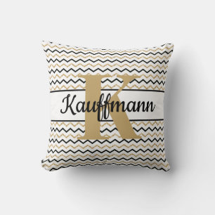 Monogram Naam Initiaal Black White Gold Chevron Zi Kussen
