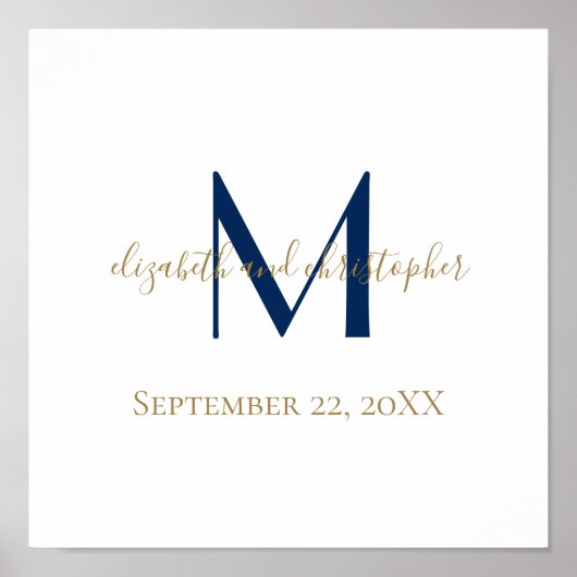Monogram Naam Initiaal Blauw Goud Trouwdatum Cadea Poster (Voorkant)