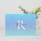 Monogram naam initiaal blauw groen glinsterend mei bedankkaart (Staand voorkant)