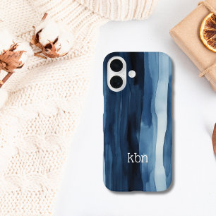 Monogram Naam Initiaal Blauw Wit Waterverf Streep iPhone 16 Hoesje