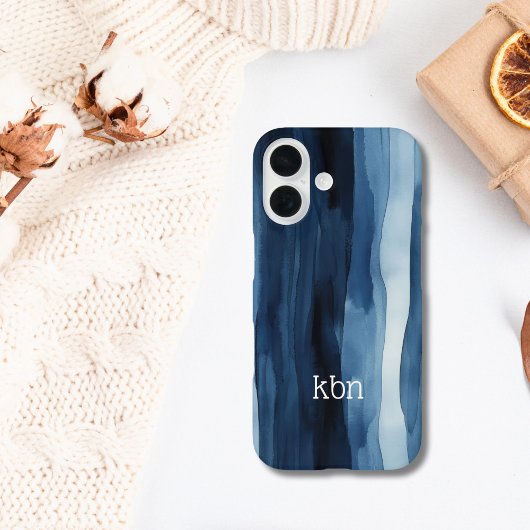 Monogram Naam Initiaal Blauw Wit Waterverf Streep Case-Mate iPhone Case