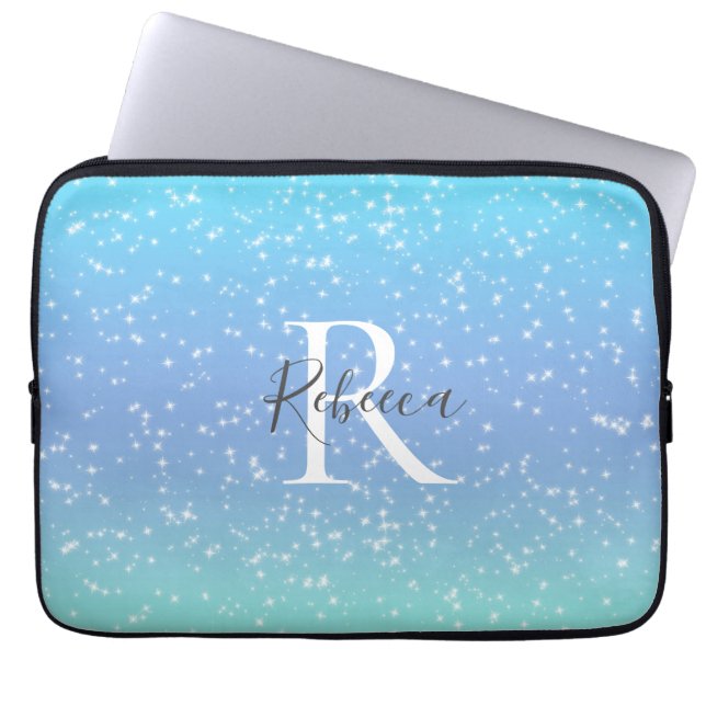 Monogram Naam Initiaal Blauwe Groene Sparkle Girly Laptop Sleeve (Voorkant)