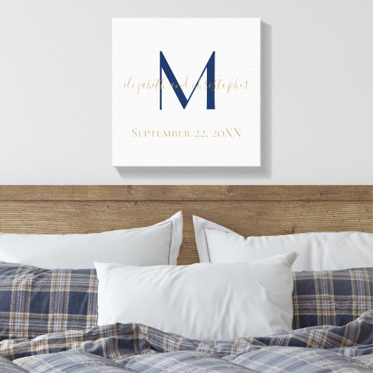 Monogram Naam Initiaal Blue Gold Wedding Date Gift Canvas Afdruk (Insitu (Slaapkamer))