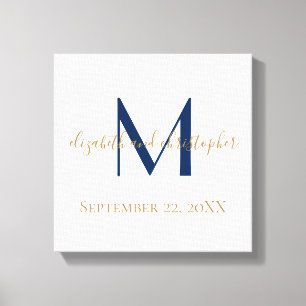 Monogram Naam Initiaal Blue Gold Wedding Date Gift Canvas Afdruk