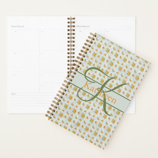 Monogram Naam Initiaal Geel Groene Floral Planner (Display)