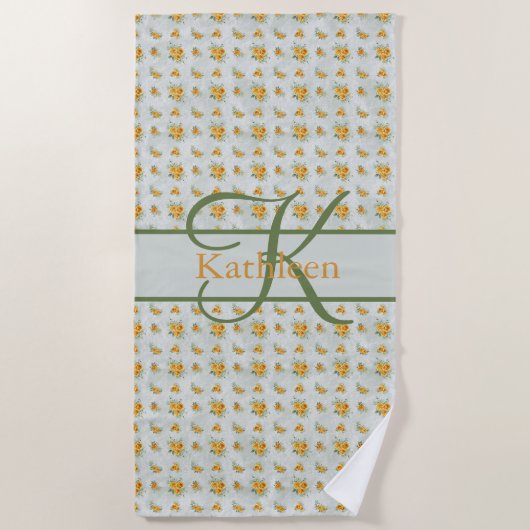 Monogram Naam Initiaal Geel Groene Floral Strandlaken (Voorkant)