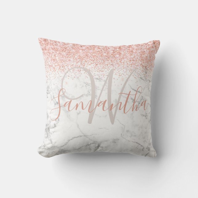 Monogram Naam Initiaal Glitter Blush Silver Kussen (Voorkant)