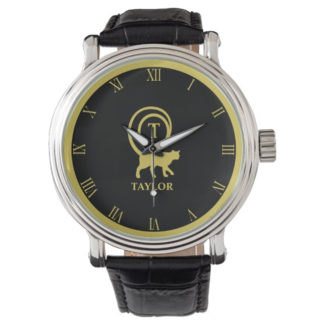 Monogram Naam Initiaal Kitty Cat Lover Black Gold Horloge (Voorkant)