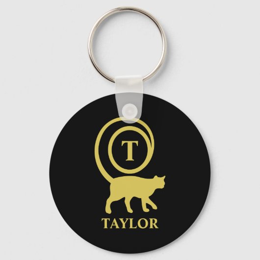 Monogram Naam Initiaal Kitty Cat Lover Black Gold Sleutelhanger (Voorkant)