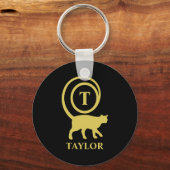 Monogram Naam Initiaal Kitty Cat Lover Black Gold Sleutelhanger (Voorkant)